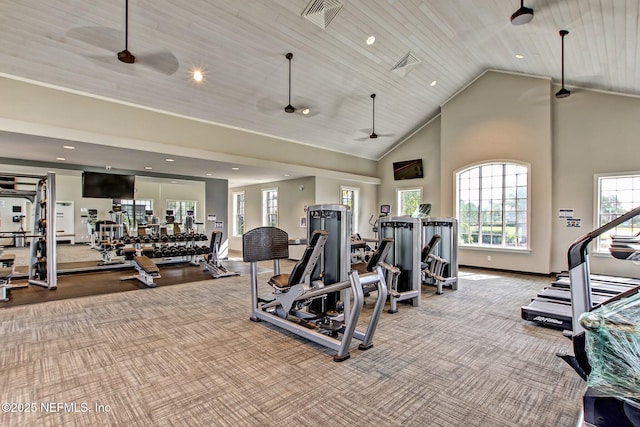 workout area with light colored carpet, ceiling fan, and wooden ceiling