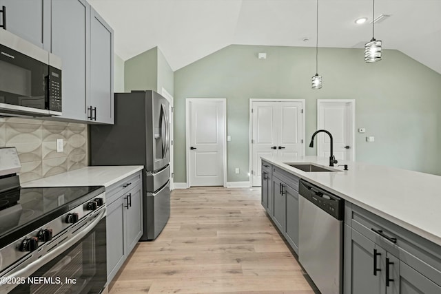 kitchen featuring stainless steel appliances, sink, and gray cabinets