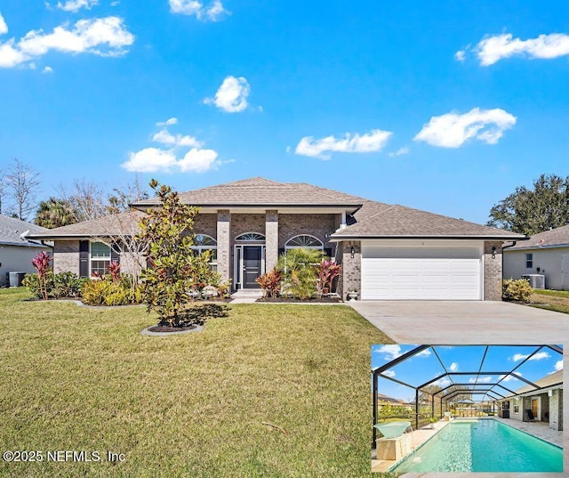 view of front of home with a front lawn, a lanai, and central air condition unit