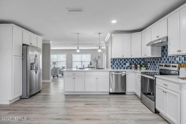 kitchen featuring kitchen peninsula, decorative light fixtures, light wood-type flooring, appliances with stainless steel finishes, and sink