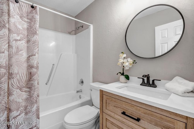 full bathroom featuring shower / bath combination with curtain, vanity, and toilet