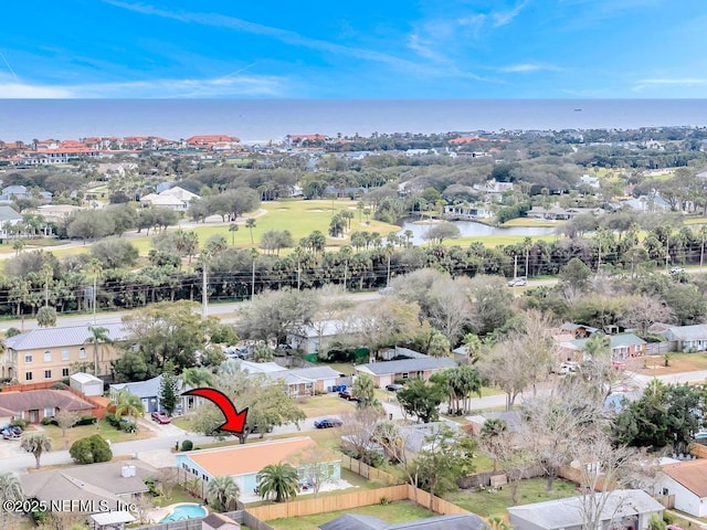 drone / aerial view featuring a water view