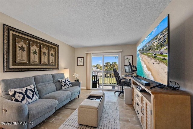 living room with a textured ceiling