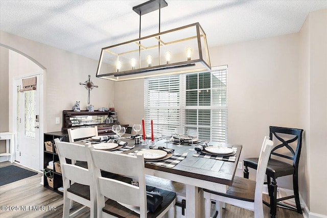 dining room with hardwood / wood-style flooring and a textured ceiling