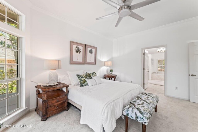 1814 Royal Fern Ln, Fleming Island, FL 32003 - carpeted bedroom featuring crown molding, connected bathroom, baseboards, and a ceiling fan