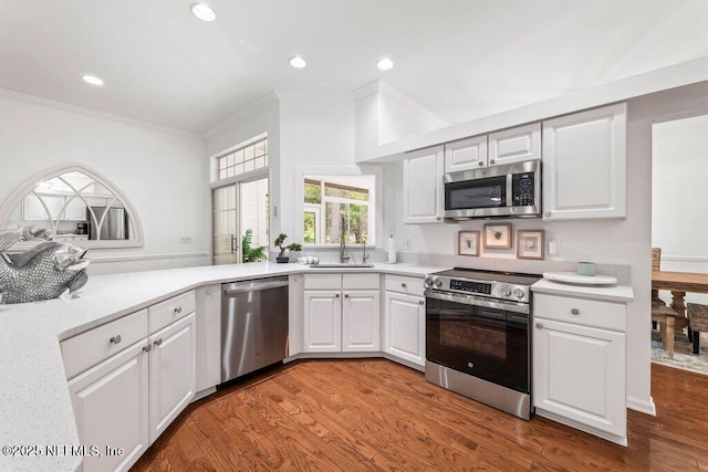 1814 Royal Fern Ln, Fleming Island, FL 32003 - kitchen featuring appliances with stainless steel finishes, ornamental molding, light countertops, a sink, and white cabinets