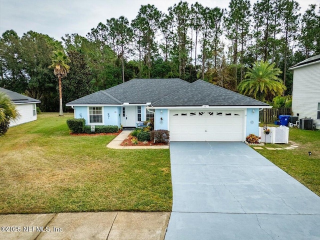 ranch-style house with a front yard and a garage