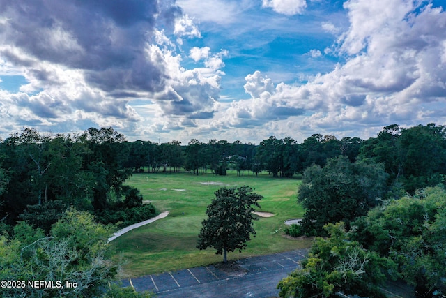 view of home's community featuring a wooded view and a yard