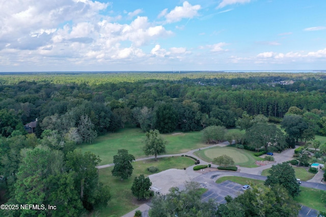 drone / aerial view with a wooded view