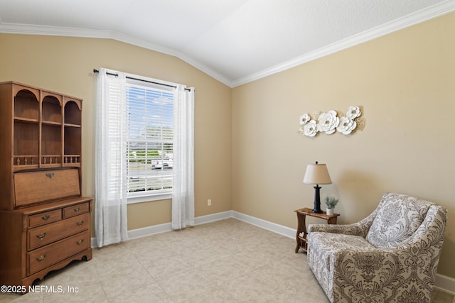 living area featuring light tile patterned floors, baseboards, vaulted ceiling, and ornamental molding