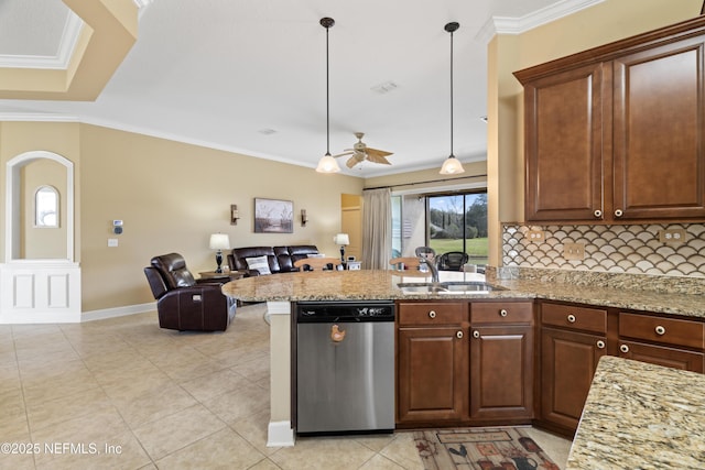 kitchen with tasteful backsplash, ornamental molding, a sink, dishwasher, and a peninsula