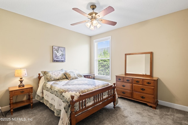 bedroom with carpet, baseboards, and a ceiling fan