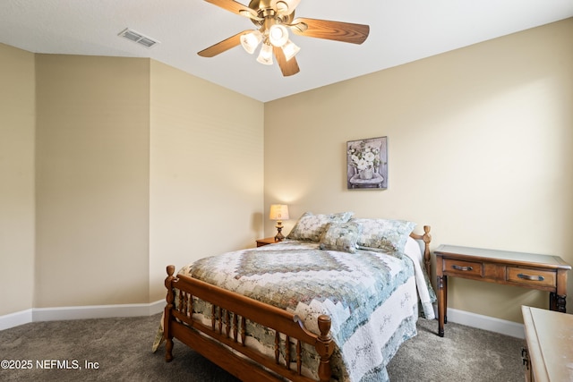 carpeted bedroom with ceiling fan, visible vents, and baseboards