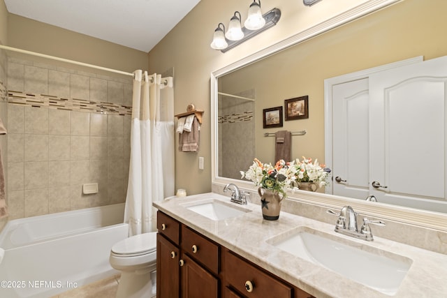 full bathroom with shower / tub combo, a sink, toilet, and double vanity