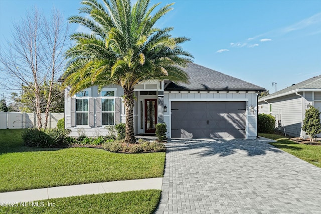 view of front of home with a garage and a front lawn