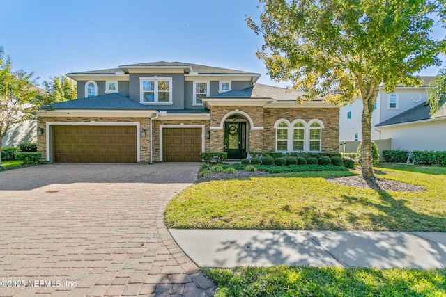 view of front of house featuring a front lawn and a garage