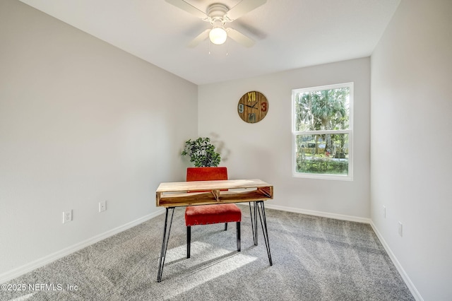 home office featuring carpet and ceiling fan