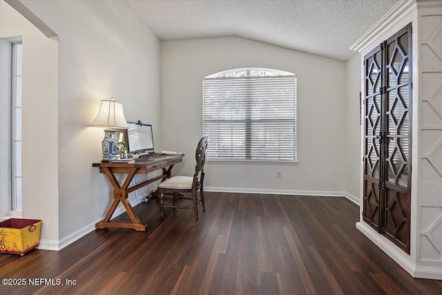 office space featuring lofted ceiling, plenty of natural light, a textured ceiling, and dark hardwood / wood-style floors