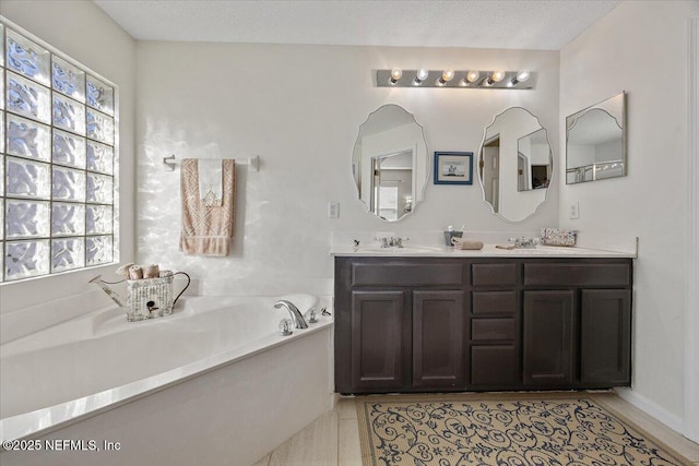 bathroom with a textured ceiling, tile patterned flooring, a tub to relax in, and vanity