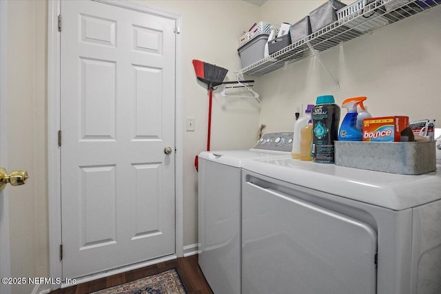 washroom featuring dark wood-type flooring and washing machine and dryer