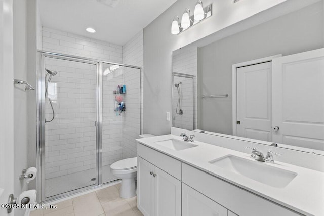 bathroom with tile patterned floors, vanity, toilet, and a shower with door