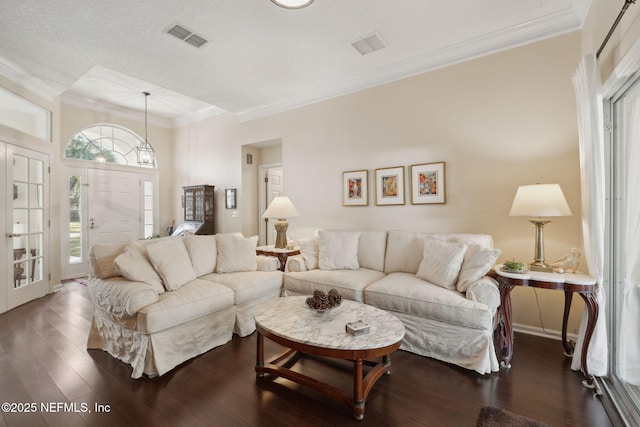 living room featuring dark hardwood / wood-style floors, ornamental molding, and a textured ceiling