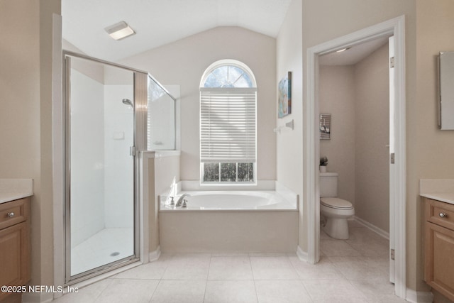 full bathroom with shower with separate bathtub, vanity, lofted ceiling, and toilet