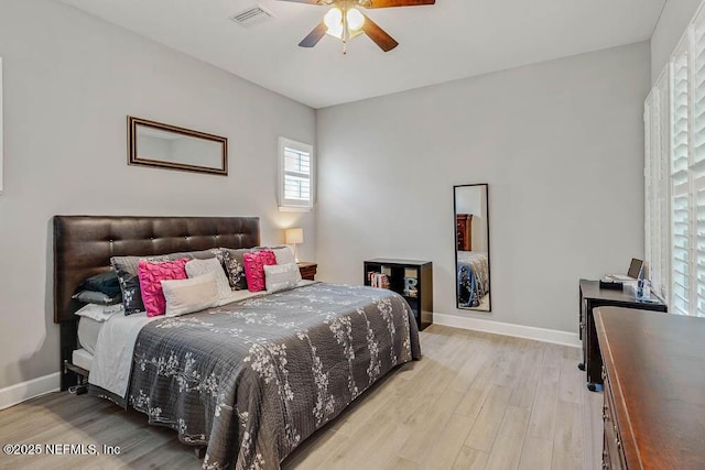 bedroom with ceiling fan and light wood-type flooring