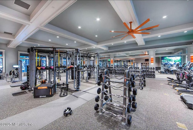 workout area with coffered ceiling