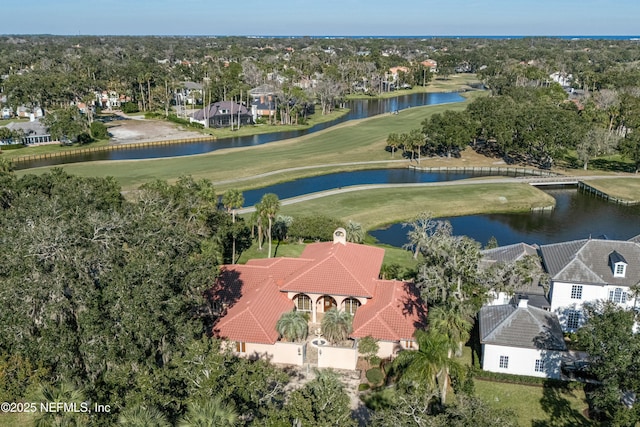 drone / aerial view featuring a water view