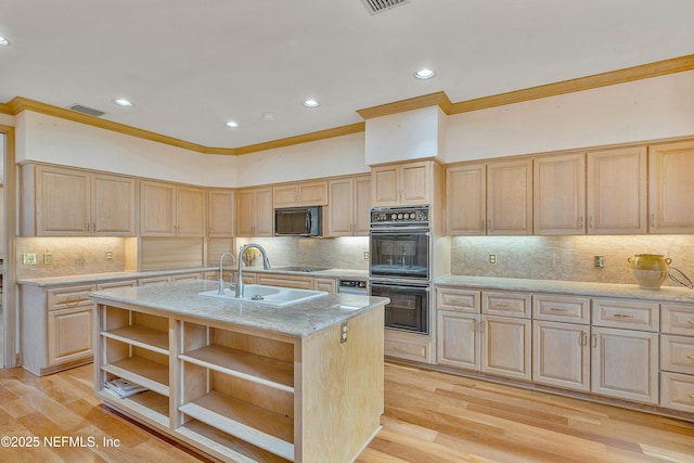 kitchen with backsplash, a kitchen island with sink, black appliances, crown molding, and light brown cabinetry