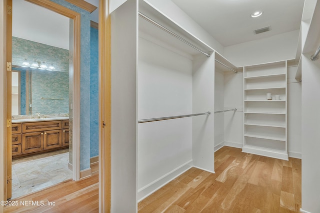 walk in closet with light hardwood / wood-style floors and sink