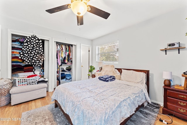 bedroom with ceiling fan and hardwood / wood-style flooring