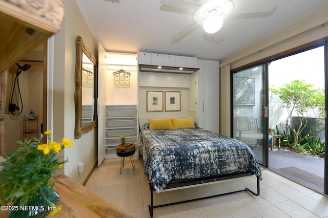 bedroom featuring light tile patterned floors, ceiling fan, and access to exterior