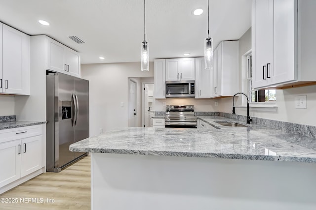 kitchen with sink, kitchen peninsula, white cabinets, and appliances with stainless steel finishes