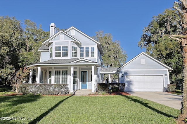 view of front of house with a porch, a front lawn, and a garage