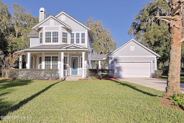 view of front of home featuring a porch, a front lawn, and a garage