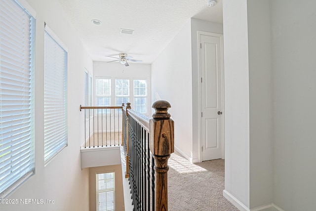 hallway featuring a textured ceiling, light colored carpet, and a wealth of natural light