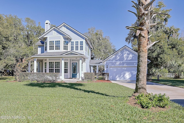 view of front of property with covered porch, a front lawn, and a garage