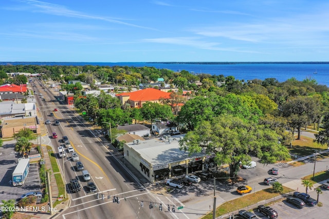 drone / aerial view with a water view