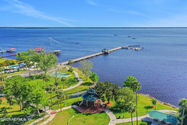 drone / aerial view with a water view