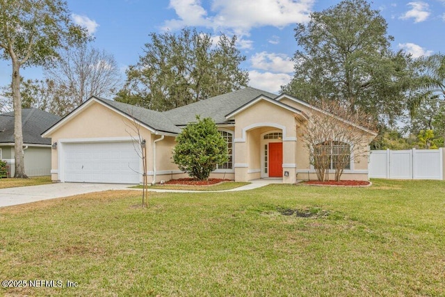 ranch-style home with a garage and a front yard