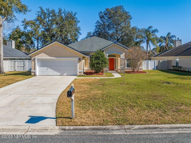 single story home featuring a garage and a front lawn