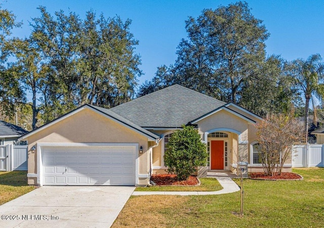 ranch-style home featuring a front yard and a garage