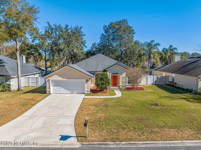 ranch-style home featuring a garage and a front lawn