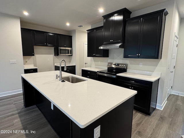 kitchen with appliances with stainless steel finishes, sink, a center island with sink, and wood-type flooring