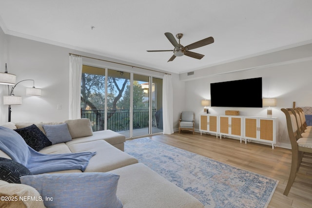 2003 Windjammer Ln, Saint Augustine, FL 32084 - living room with ceiling fan, light hardwood / wood-style floors, and crown molding