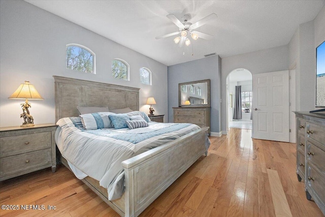 bedroom with ceiling fan and light wood-type flooring