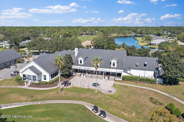 drone / aerial view featuring a water view