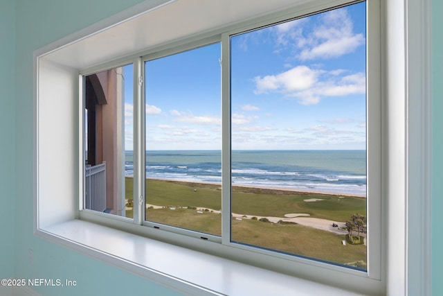 interior space featuring a beach view